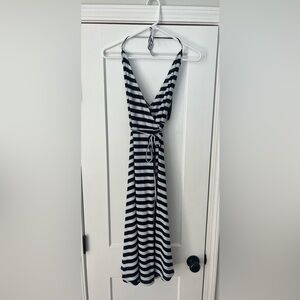 Olivaceous Navy and White Striped Wrap Midi Dress